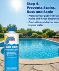 Bottle of stain remover beside a pool, Pool Opening Starter Kit For Above Ground And In Ground Pools Up To 7500 Gallons, Including Chlorine, pH Balancer, Alkalinity Adjuster, And Essential Water Care Chemicals To Get Your Water Clear, Safe, And Ready For Summer Fun.