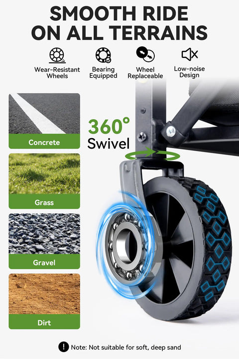 Heavy Duty Folding Wagon Cart With Wheels featuring a 360-degree swivel wheel on terrain surfaces like concrete, grass, gravel, and dirt.