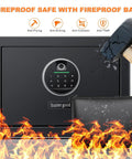 Fingerprint Fireproof Home Safe That Keeps Your Stuff Safe With Fireproof Document Bag And Removable Shelf Digital Security Safe For Cash Jewelry And Valuables 1.0 Cubic Feet Capacity Quick Access Biometric Lock And Code Pad shown in front view with hammer impact.