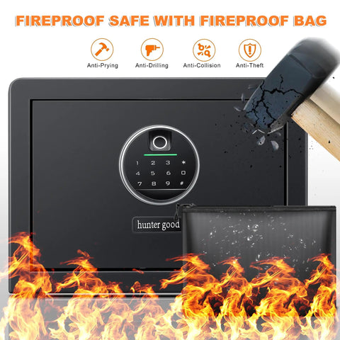 Fingerprint Fireproof Home Safe That Keeps Your Stuff Safe With Fireproof Document Bag And Removable Shelf Digital Security Safe For Cash Jewelry And Valuables 1.0 Cubic Feet Capacity Quick Access Biometric Lock And Code Pad shown in front view with hammer impact.