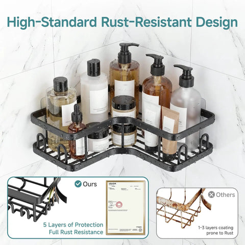 Adhesive Corner Shower Caddy 3-Pack With Soap Holder And Hooks, Space-Saving, No Drill Bathroom Shelves, Rustproof Waterproof Organizer For Small Bathrooms, Kitchen And Rental Friendly, Black installed with toiletries