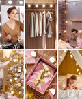 Collage featuring Glam Hollywood Style Vanity Lights For Mirror With 10 Dimmable Bulbs, different uses and settings