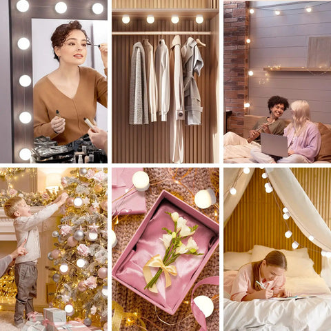 Collage featuring Glam Hollywood Style Vanity Lights For Mirror With 10 Dimmable Bulbs, different uses and settings