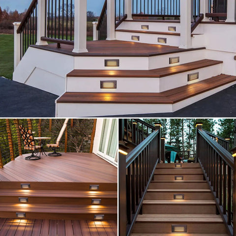 Low Voltage Step Lights For Outdoor Stairs And Fences, 5W LED Landscape Lighting With Horizontal Louver Faceplate, 12V ETL Listed, Three Point Two Foot Wire, Fastlock2 Connectors Included, Eight Pack on steps and deck