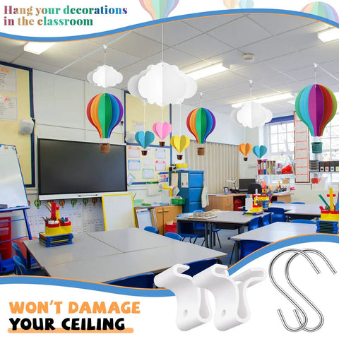 Drop Ceiling Hooks 35 Pack With S Clips For Hanging Ornaments Christmas Classroom Office Decor White Metal Hangers For 1 Inch Bar Rails Great For Classrooms Offices And Holiday Displays, shown in a colorful classroom setting.