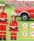 Rad Firefighter Dress Up Costumes For Kids With Lit Glow Helmet Water Sprayer Axe Walkie Talkie Badge And Tool Accessory Set Perfect For Youth Age 4 To 12, featuring kids aged 5 and 7 in bright red firefighter uniforms.
