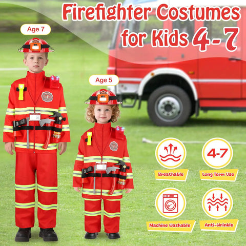 Rad Firefighter Dress Up Costumes For Kids With Lit Glow Helmet Water Sprayer Axe Walkie Talkie Badge And Tool Accessory Set Perfect For Youth Age 4 To 12, featuring kids aged 5 and 7 in bright red firefighter uniforms.