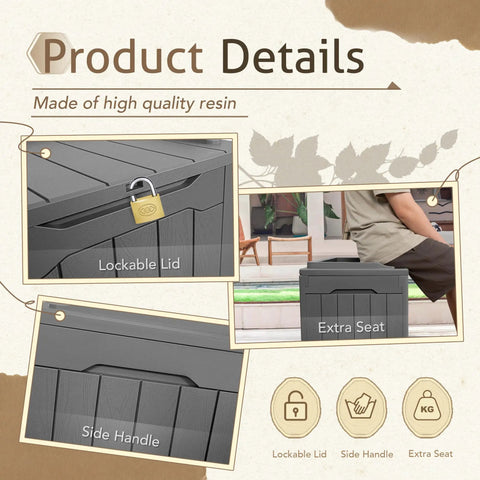 Image showing features of 31 Gallon Weatherproof Resin Deck Box With Lid For Indoor Outdoor Storage Durable Grey Outdoor Storage Container For Patio Furniture Cushions Garden Tools And More Doubles As A Seat Or Side Table.