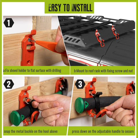 Installation steps for 8 Piece Shovel Holder Kit For Trucks And Roof Racks Heavy Duty Quick Release Axe Holder Mount with metal clamps.