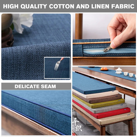 Custom Size Bench Cushion With Linen Cover And Zipper For Indoor Outdoor Benches Universal Fit Seat Pad shown in various colors.