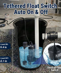 Heavy Duty Utility Sink Sewage Pump With 33 Gal Holding Tank, 5000 GPH Output, Half HP Motor, 28 Ft Max Head, ETL Certified For Basements And Laundry Spaces, Solid Build Takes The Water Grind Off Your Plate with tethered float switch.