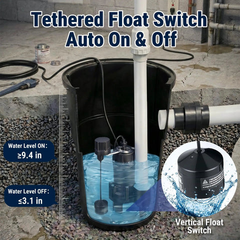 Heavy Duty Utility Sink Sewage Pump With 33 Gal Holding Tank, 5000 GPH Output, Half HP Motor, 28 Ft Max Head, ETL Certified For Basements And Laundry Spaces, Solid Build Takes The Water Grind Off Your Plate with tethered float switch.