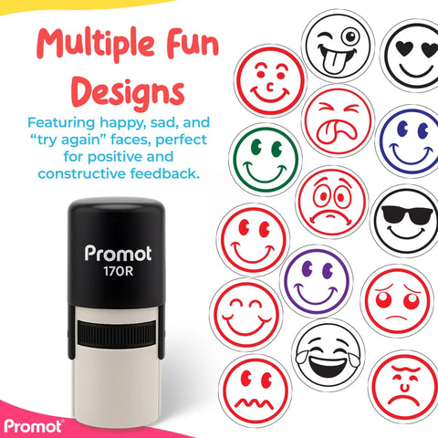 Smiley Face Red Self Inking Stamp Set for Teachers, Round Rubber Stamp with varied emoticons for grading and feedback