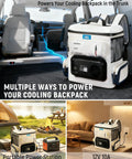 Ultra Light 16Qt Electric Cooler Bag Precision Dual Temp Knobs shown with car charger for easy cooling on trips.