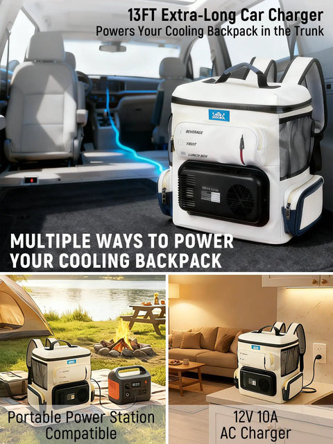 Ultra Light 16Qt Electric Cooler Bag Precision Dual Temp Knobs shown with car charger for easy cooling on trips.