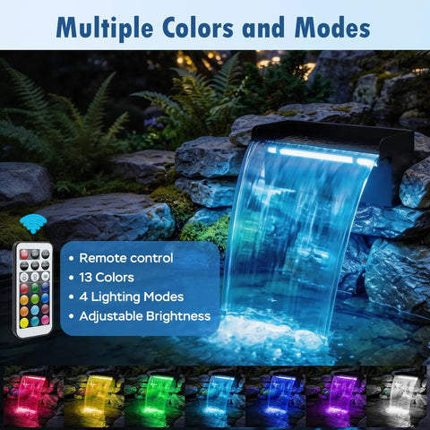 Pond Waterfall Spillway Kit With 8 Inch Stainless Steel Spillway Remote Control LED Lights 660GPH Submersible Pump features.