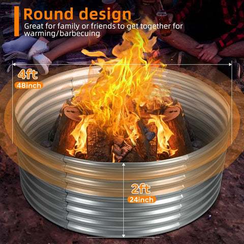 Huge 48 Inch Fire Pit Ring For Outdoor Wood Burning, Galvanized Steel Round Camp Fire Pit, 4x4x2 Ft Height with flames visible