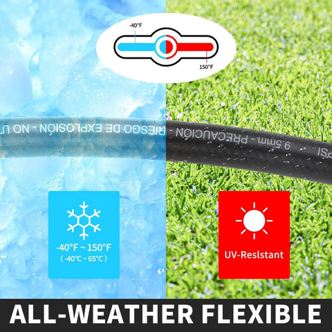 Heavy Hitter Air Compressor Hose Three Eighth By Fifty Feet Hybrid Line With Snappy Quick Couplers And Smog Test Plugs, showing -40°F to 150°F range.