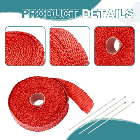 Badass Titanium Fiberglass Exhaust Heat Wrap 16 4 Ft Thermal Insulation For Cars Trucks And Motorcycle Engines Handles 2000 Degrees With Beefed Up Steel Cables In Red, showcasing red fibreglass wrap roll.