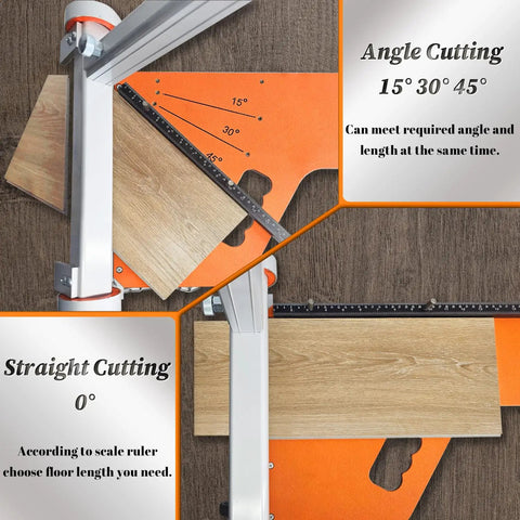 Laminate And Vinyl Floor Cutter 13 Inch With Wheel, One Step Angle And Length Cut for Laminate, Engineered Wood, shown cutting angles