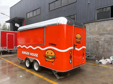 Commercial Mobile Food Cart And Towable Vending Trailer For Street Sales featuring an orange Burger House design.