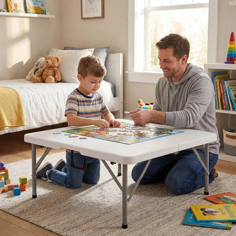 34 Inch Folding Square Card Table Portable Heavy Duty HDPE Fold In Half With Carrying Handle For Indoor Outdoor Use Party Ready Picnics Camping White Anytime, boy and man playing board game on table in living room