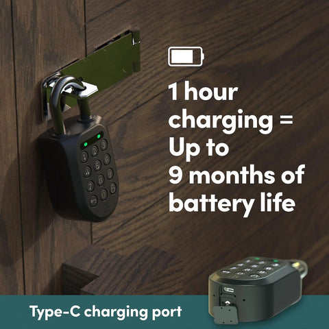 Heavy Duty Smart Padlock With App Shared Access Waterproof Rechargeable Bluetooth Security Lock For Bike Racks And Storage Boxes showing Type-C charging and battery indicator.