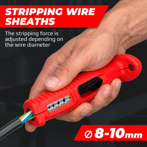 Versatile 8-in-1 Multifunction Wire Stripper Cable Tool For Stripping And Cleaning Coaxial EDR LAN DSL Power Cables Easily Handles Round Section Wiring Jobs Quick Safe Use For Pro Setup Tasks, adjusting stripping force for 8-10mm wire.