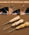 Heavy Duty Upholstery Repair Kit With 54 Pieces Including Waxed Thread Leather Needles Stitching Awl Thimble Scissors Needle Threaders Tape Measure Storage Case For Car Seats Backpacks Carpets Boots Shoes Canvas And Sofa showing three stitching awls with wooden handles