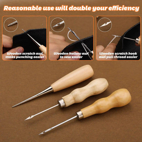 Heavy Duty Upholstery Repair Kit With 54 Pieces Including Waxed Thread Leather Needles Stitching Awl Thimble Scissors Needle Threaders Tape Measure Storage Case For Car Seats Backpacks Carpets Boots Shoes Canvas And Sofa showing three stitching awls with wooden handles