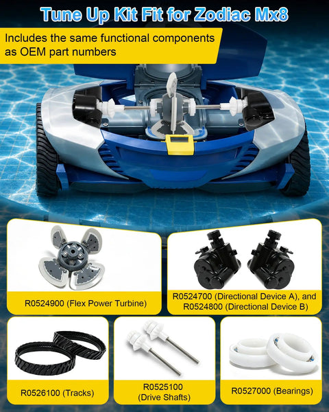Replacement Tune Up Kit For MX6 MX8 MX6EL MX8EL Pool Cleaners With OEM Grade Parts Including Flex Power Turbine Drive Shafts Bearings Tracks And Directional Devices A B, kit parts