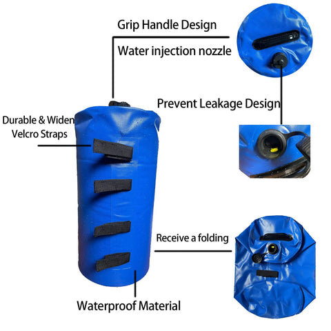 Heavy Duty Pro Grade Canopy Weight Bags Set of 4 20 Liter Water or Sand Weights featuring Velcro straps and waterproof material.