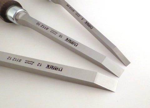 Pro Grade Workhorse Czech Steel Mortise Chisel Set 6mm, 10mm, 12mm, fine grained chrome manganese blades and bevel at 25 degrees