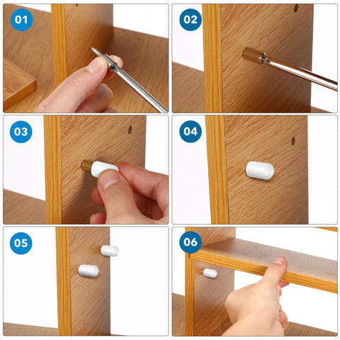 Assembly steps for 50 Pack Self Tapping Shelf Pegs With Protective Caps Heavy Duty Manganese Steel Pins For Bookshelves And Cabinets Easy Install And Stable Support For Home DIY Projects