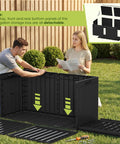 People assembling a 100 Gallon Outdoor Storage Box Waterproof Resin Deck Box for Patio Furniture Lockable Storage Container