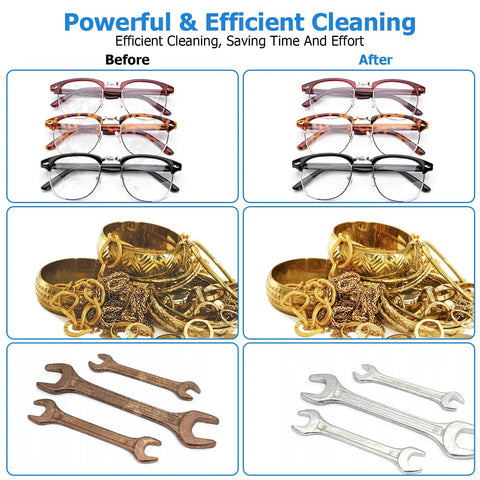 Pro 15 Liter Ultrasonic Cleaner Machine With Heater And Digital Timer For Cleaning Jewelry, Glasses, Dentures Carburetors Industrial Parts Lab Equipment Deep Cleaning Powerhouse before and after cleaning results showcasing glasses, jewelry, and tools.