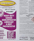 Advanced door lubricant and rust preventative label with instructions and safety warnings, 15 oz, no silicones, heavy duty.