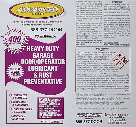 Advanced door lubricant and rust preventative label with instructions and safety warnings, 15 oz, no silicones, heavy duty.