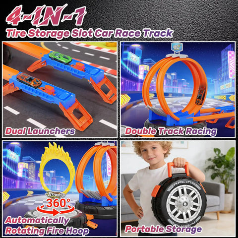 Rad Transforming Stunt Tire Race Track Kit For Kids 4 To 8, featuring double track racing and 360 rotating fire hoop, in use.
