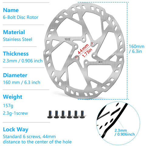 160mm MTB Disc Brake Rotor With Six Bolts 2.3mm Thick Stainless Steel For EBike And Mountain Bike Center Hole 44mm Gray Finish Beefy Braking Power On Trails, product details and specifications displayed