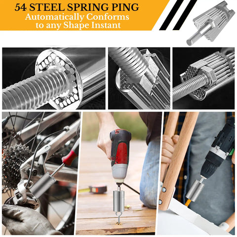 Universal Socket Tool Gift Set For Men Stocking Stuffers And Dad Gifts Perfect For DIY Fans And Dope Gadget Geeks White Elephant Friendly Christmas Gift For Him Boyfriend Husband, silver socket in use with bolts and drill attachments, various sizes shown.