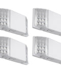 Pack of four LED emergency lighting with battery backup, UL listed, two square head exit lights, hardwired 120 277V, surface mount.