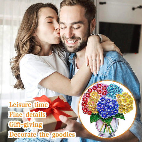 Dope Diamond Painting Kit Hanging Pendant Vase Sun Catcher with colorful flower design next to couple exchanging gift