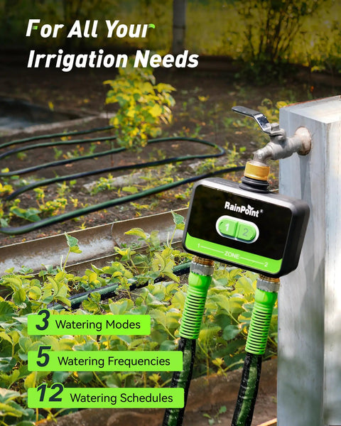 WiFi Garden Hose Water Timer with Brass Inlet and Outlet Two Zone Smart Hose Timer for Lawns and Yards on outdoor faucet