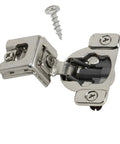 One And A Quarter Inch Overlay Soft Close Concealed Face Frame Cabinet Hinge For Easy Install, 105 Degree, 2 Cam Press In, 6 Way Adjustable, E8Q115NH, 25 Pack, Quiet Self Close Hinges For Kitchen And Bath Cabinets displayed with a screw.