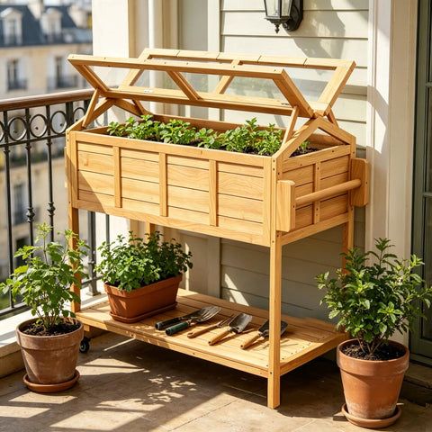 Ergonomic Elevated Garden Bed On Wheels With Cover And Storage Shelf For Backyard Patio Outdoor All In One Raised Planter Box Cart With Bed Liner Seed Starter Tray And Drainage Slits on a balcony.