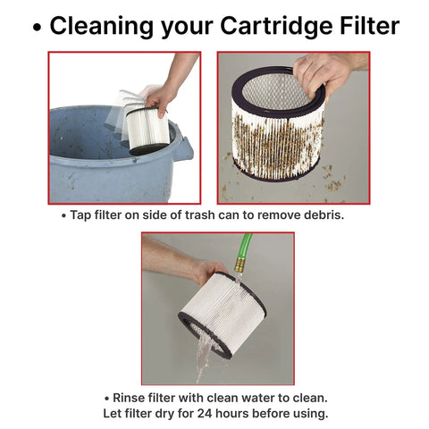 Three cleaning steps for Pleated Cartridge Filter Replacement For Wet Dry Vacuums, 8 Inch Diameter By 6.5 Inch Height, High Flow Filtration