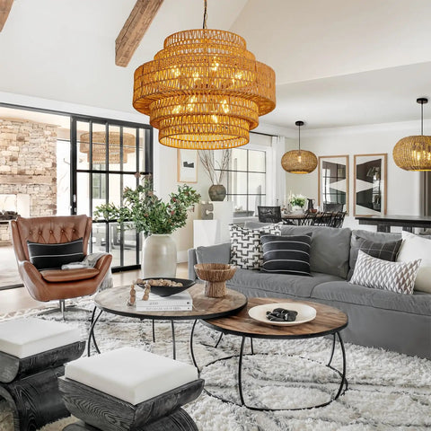 Epic Large Gold Boho Rattan Chandelier With 8 Lights, handwoven light fixture hanging in stylish living room with modern decor.