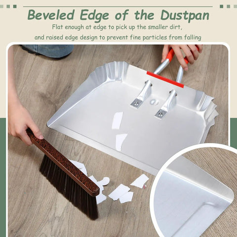Beveled edge of 17 inch metal dustpan shown with stiff bristle brush, designed for easy debris pickup and smooth cleanup.