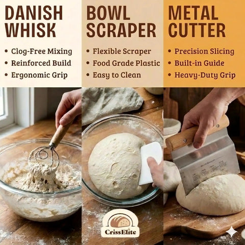 Ultimate Sourdough Starter Kit For Beginners With A 9 Inch Banneton Proofing Basket And 24 Oz Glass Starter Jar tools shown in use